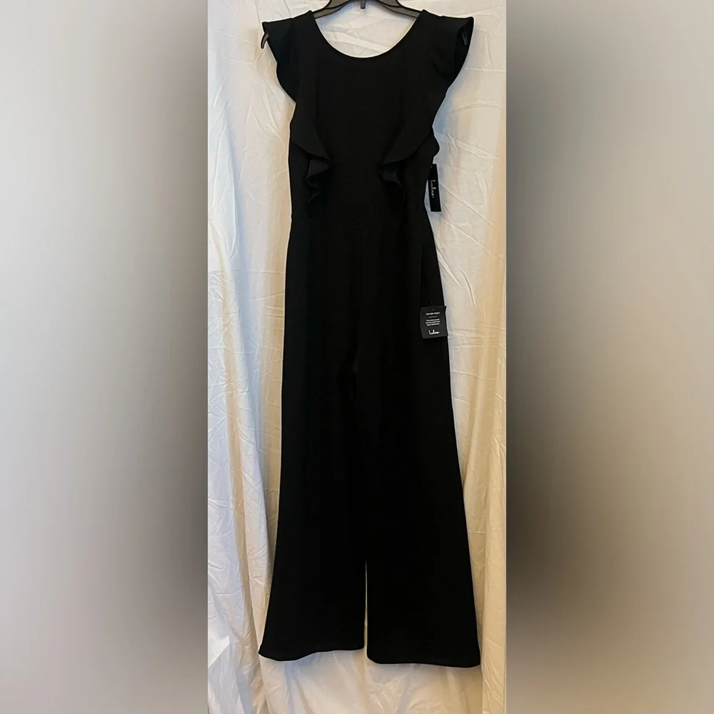 NWT M Lulu's Classic Black low back Ruffle Jumpsuit - Picture 9 of 11